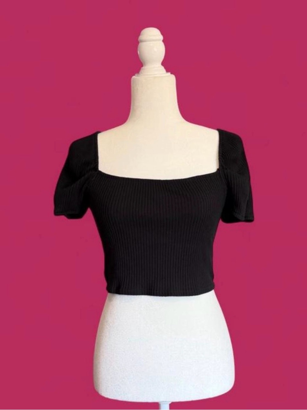 Whimsigoth Black Square-Neck Ribbed Crop Top with Puff Sleeves size M by H&M